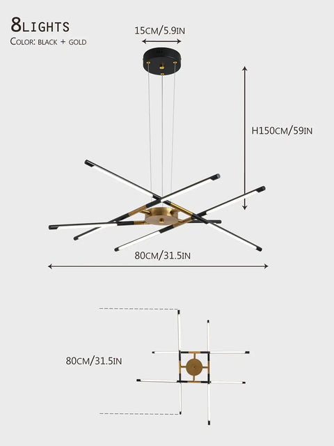 Dope Modern LED Chandelier With Easy Install Embedded Pendant Lights, Sputnik Style Hanging Lamp, Black And Gold Finish, dimensions shown