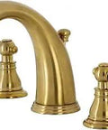 Duchess Widespread Bathroom Faucet With Plastic Pop Up Drain In Brushed Brass Finish showing dual handles and spout design.