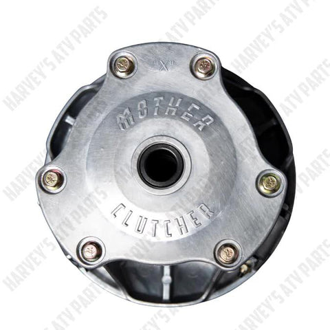 Mother Clutcher primary clutch cover in metallic silver, front view showing six screws and central bore.