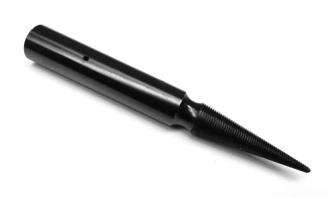 Spindle With 3/8 Inch Arbor Hole For Lathe Motor Friction Grip Right Hand Tapered Threaded 6 Inch Overall Length Machined Cold Rolled Steel Anodized Black Finish 3/4 Inch Stock Solid Precision Spindle For High Speed Lathe, showing tapered design.