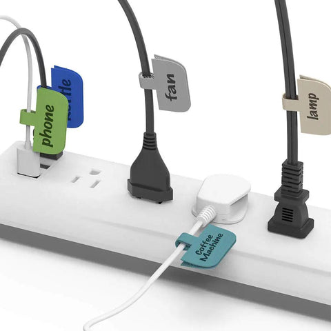 Large Write On Cable Labels Set For Home And Office on a power strip, cord labels with hook and loop closure for easy management.