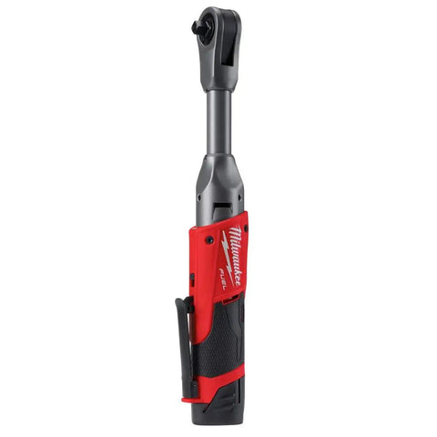 Heavy Duty Cordless Three Eighth Inch Extended Reach Ratchet with motor housing, designed for tight garage work and durability.