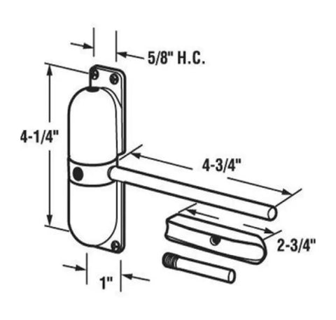 Diagram of Beefy Heavy Duty Zinc Alloy Adjustable Spring Door Closer Hardware With Surface Mount Design, measurements shown