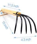 15 Inch Garden Claw Rake With Military Grade Steel Tines And Solid Wood Handle, side view of five tines and measurements