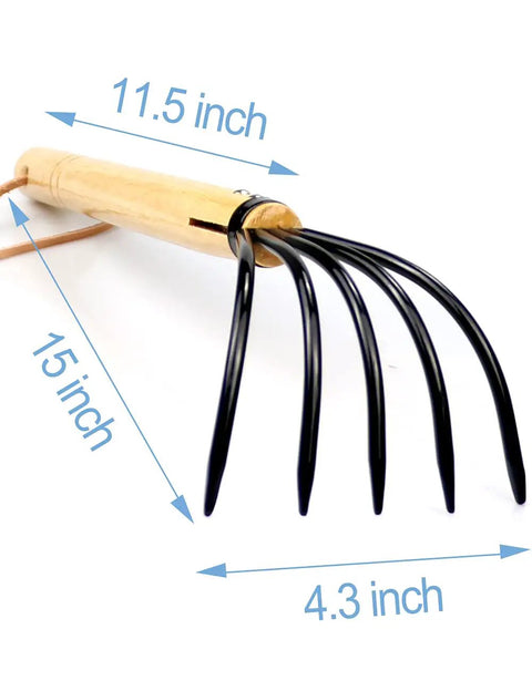 15 Inch Garden Claw Rake With Military Grade Steel Tines And Solid Wood Handle, side view of five tines and measurements