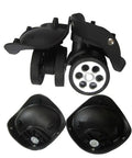 Thinking Process: black rubber suitcase replacement wheel set, large spinner casters with mounting plates, front and back view