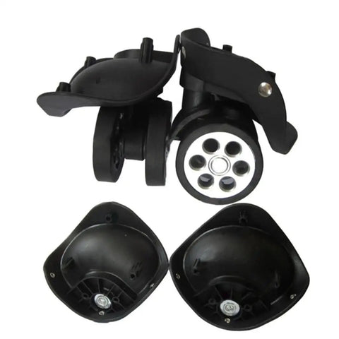 Thinking Process: black rubber suitcase replacement wheel set, large spinner casters with mounting plates, front and back view
