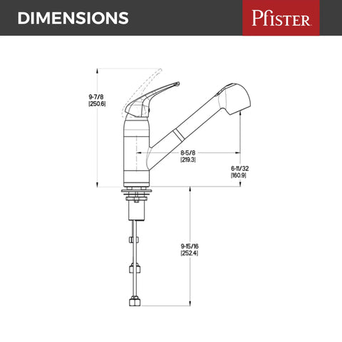 Diagram of Pfirst Series One Handle Pull Out Kitchen Faucet In Polished Chrome Water Efficient Model ADA Accessible Easy Install.