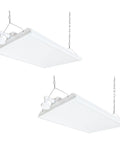 Heavy Duty Led Linear High Bay Workhorse With Motion Sensor, 210 Watt 2 Pack lights hanging with chains, designed for garages and warehouses.