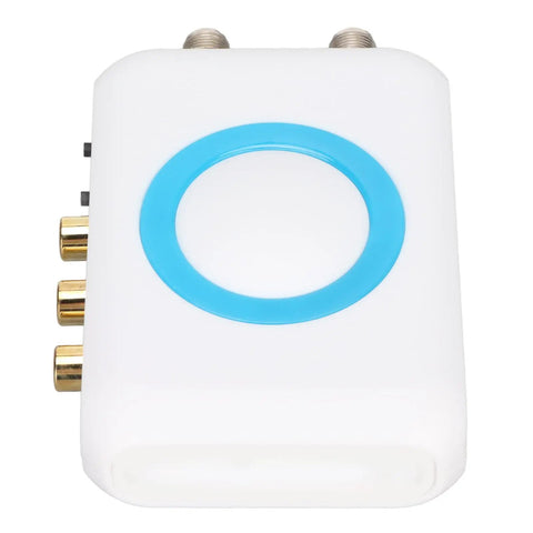Top view of Plug And Play RF Modulator For Home Theater And TV, white and blue design, supports PAL and NTSC output, durable ABS build.