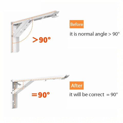 Before and after angle demonstration of 4PCS Triangle Folding Angle Brackets Heavy Duty Shelf Supports For Wall Mounted Benches And Tables Adjustable