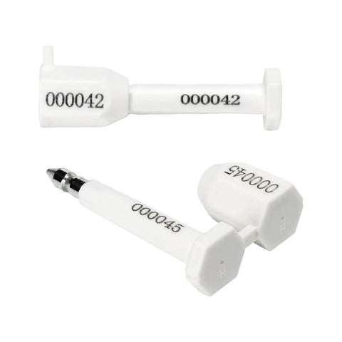 50 Pack High Security Bolt Container Seals Locked Down Tight Hella Secure Tamper Proof Shipping Cargo Truck Trailer Seals Progressive Numbering ISO 17712 White detailed view of numbered seals.