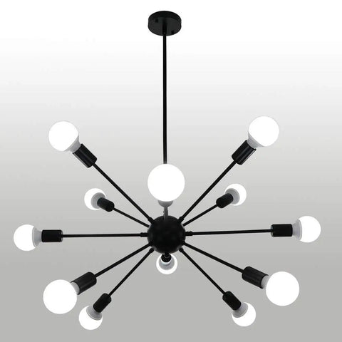 Sputnik Style Ceiling Light Fixture With 12 Lights Black Chandelier For Dining Room Kitchen Foyer And Living Areas Adjustable Height From 25.58 To 55.13 Inches Sloped Ceiling Compatible Vintage Industrial Pendant Lamp in a starburst design.