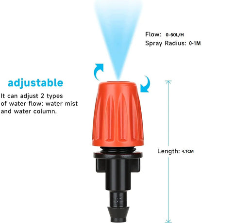 Water Saving Drip Irrigation Sprayers And Drippers Adjustable Atomizing Nozzles One Quarter Inch Emitters with flow details
