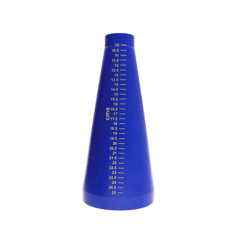 Front view of blue aluminum Bracelet Gauge Sizer For Jewelry Making, Accurate 4 To 10 Inch Cone Mandrel with markings for DIY Bangles.