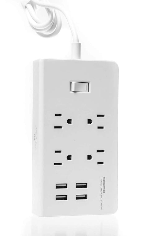 Eight International Adapters Travel Charging Station with Surge Protector and Four Smart USB Ports, slim white design, front view.