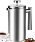 34 Oz Double Wall Stainless Steel French Press Coffee Maker With Insulated Brew System 1 liter capacity beside cup and beans