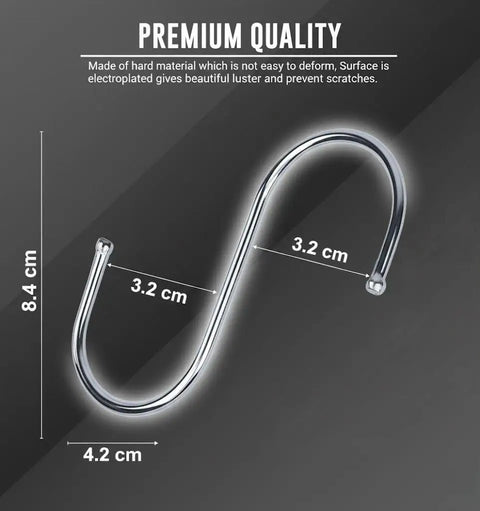 Heavy Duty Stainless Steel S Hooks For Hanging Plants, Utensils, Pots And Clothes, 30 Pack, close-up showing dimensions