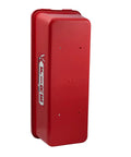 Rugged Outdoor Fire Extinguisher Cabinet Lock Box Red Weatherproof Steel Holder for 15 lbs fire extinguisher, front view.