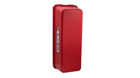 Rugged Outdoor Fire Extinguisher Cabinet Lock Box Red Weatherproof Steel Holder for 15 lbs fire extinguisher, front view.