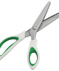 Pinking Shears 9 Inch Zigzag Craft Scissors with decorative edge and ergonomic comfort grips, stainless steel blades, angled view