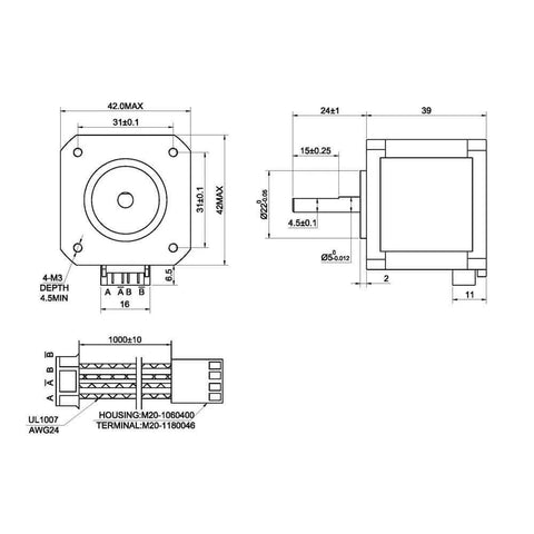 Technical drawing of Nema 17 Stepper Motor 1.5A 63.74oz.in 39mm Body with 1m Cable and Connector for DIY CNC/ 3D Printer