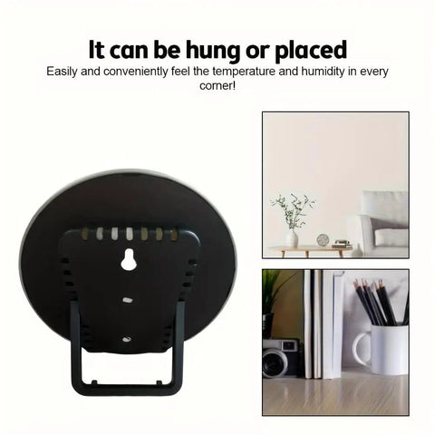 Portable Thermo Hygrometer With Handy Wide Temperature Range From Minus Thirty To Fifty Celsius And Humidity From Twenty To One Hundred Percent Easy Read Round Dial With Color Indicator Wall Mount Or Free Standing Indoor Outdoor No Electric rear view, black plastic, wall hang or stand