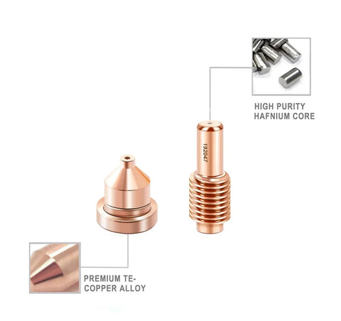 204325 Tips And 192047 Electrodes For Plasma Cutter Torch, showcasing copper alloy and hafnium core.