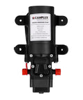 12V DC Water Pump for RV and Boat, 1.2 GPM Diaphragm Pump, Self Priming Up to 4 Feet, front view with housing and labels visible