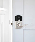 SmartCode 917 Keypad Keyless Entry Lever Deadbolt For Home In Satin Nickel Residential Electronic Lock shown on door