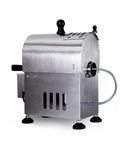 Built Tough Electric Coffee Bean Roaster Featuring Precision Thermometer Probe And Heavy Duty Stainless Steel Construction showing side angle with adjustable feet.