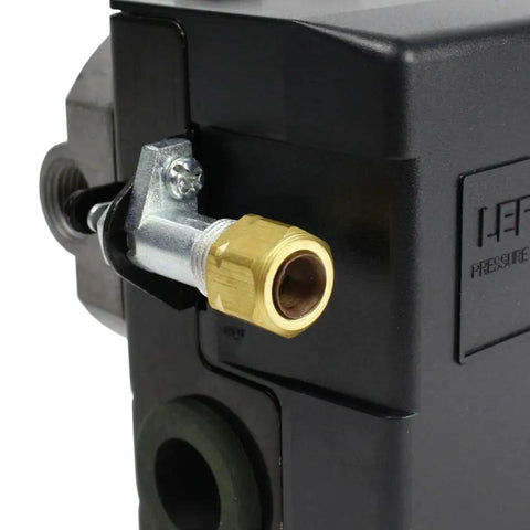Close-up view of Beefy Pressure Switch Control For Air Compressor 90 To 125 Psi Four Port 26 Amp Heavy Duty With Unloader Valve