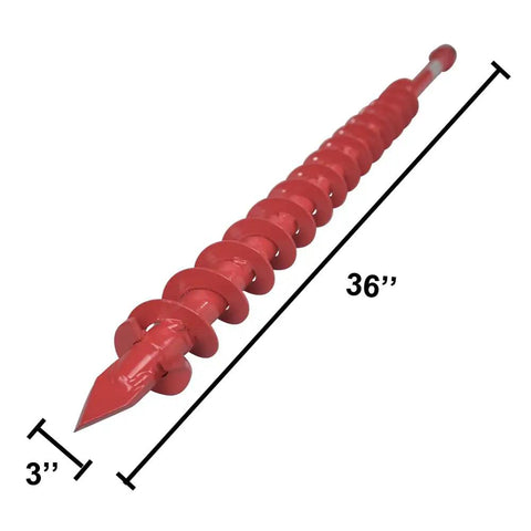 Red 4 Inch Diameter Earth Auger Bit, 36 Inches Long With Fishtail Point, Replaceable Cutting Blade, Hardened Steel, Seven Eighths Inch Drive