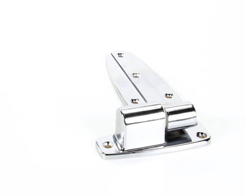 Flush Hinge 1245-000028 Chrome OEM Replacement for Commercial Kitchen Equipment, angled view of chrome heavy-duty door hinge