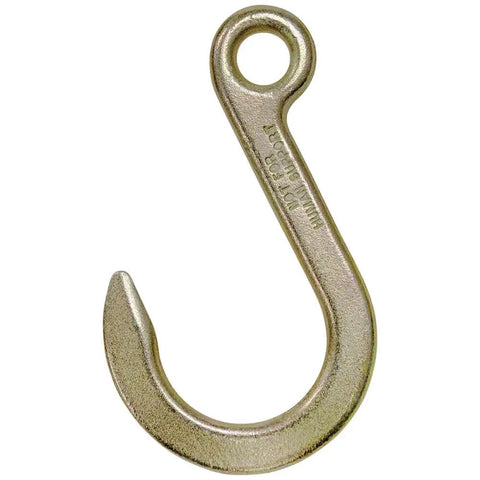 Close-up of snubbing hook from Block And Tackle With Anchor Hook Model 1802-30 Lightweight Aluminum Sheaves With Bronze Bushings Galvanized Steel Shell Snubbing Hook Built Tough Made In USA Cat 258 Durable Industrial Lifting Tool.