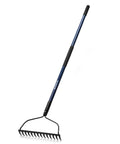 Rugged 14 Tine Metal Garden Rake With 57 Inch Fiberglass Handle Anti Rust Coating Heavy Duty Lawn And Soil Leveling Tool in full view.