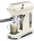 Cream Espresso Coffee Machine Featuring A Fast Single Thermoblock System That Heats Up Quick For Solid Shots Plus A Steam Wand For Lattes User Friendly Interface With Decalc Alarm So You Stay On Top Of Maintenance Total Game Changer Countertop Brewing with glass cup brewing latte.