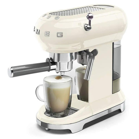Cream Espresso Coffee Machine Featuring A Fast Single Thermoblock System That Heats Up Quick For Solid Shots Plus A Steam Wand For Lattes User Friendly Interface With Decalc Alarm So You Stay On Top Of Maintenance Total Game Changer Countertop Brewing with glass cup brewing latte.