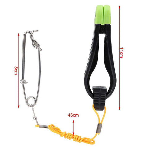 Power Grip board mast release snap clip clamp; front view shows ABS, stainless pin, neon-green clamp, black handle.