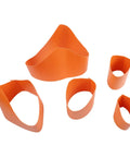 Heavy Duty Pipe Saddle Cutting Guide Kit With Tough Vinyl Tracing Jig, five orange vinyl jigs for HVAC and plumbing layout.