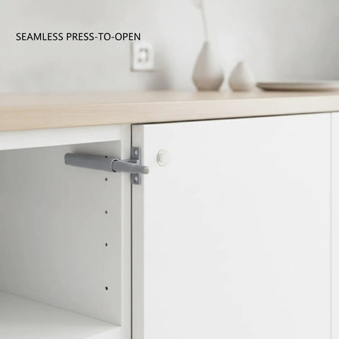 Push To Open Magnetic Cabinet Latch Handle Free Door Catch For Kitchen Cabinets And Wardrobes Durable PP Plastic Gray One Pack Sleek Flush Mount With Strong Magnetic Hold installed on cabinet