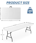 8 Feet Folding Picnic Table With Carry Handle, Heavy Duty Portable Plastic Table dimensions and size illustration, 300 lbs capacity