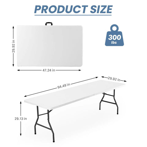 8 Feet Folding Picnic Table With Carry Handle, Heavy Duty Portable Plastic Table dimensions and size illustration, 300 lbs capacity