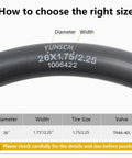 Diagram showing 26 Inch Heavy Duty Bike Inner Tubes 26 By 1.75 To 2.25 Inch 45 57 559 TR4A 40L for size selection guide.