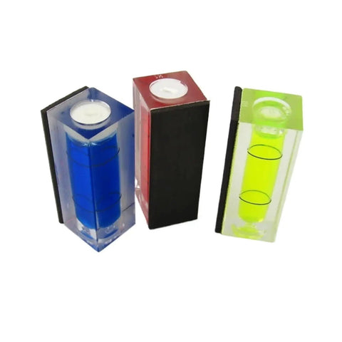 Three 1pcs 15 * 15 * 40mm Square Column Water Level Meter Spirit Level Bubbles in blue, red, and green colors.