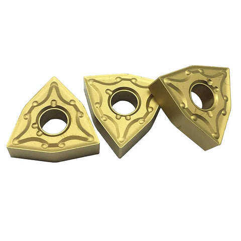 Gold-colored WNMG carbide turning inserts, set of three with central mounting holes for lathe tool holders