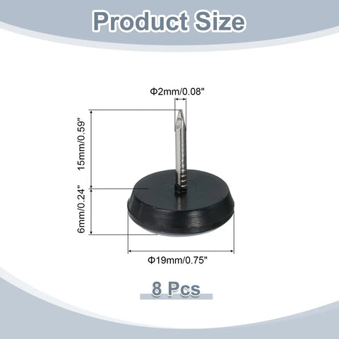 Eight Piece Round Black PTFE Furniture Sliders With Nonslip Rubber Grip Three Quarter Inch Glides For Heavy Duty Chairs Wooden Floors Smooth As Butter Pro Upgrade showing dimensions and design.