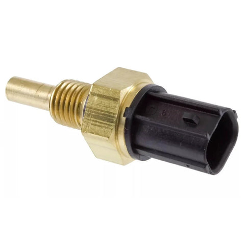 Engine coolant temperature sensor, close-up view; brass threaded body and black plastic connector.