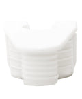 100 Pack Dead Reliable Cam Connectors For 19 Mm Panels With Ridge Drop In Cam Lock Nut Furniture Fasteners White Finish Outrigger Version Knockout Buildout Hardware No Brainer Diy Woodworking Projects Slick Assembly close-up of a white cam lock nut.