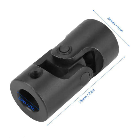 Rotatable Universal Joint Shaft Coupling 0.5x0.9x2.2 inch metal U joint for motor linkage, black, heavy-duty connector for machinery.
